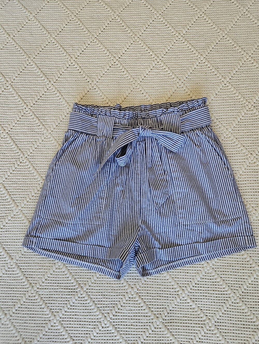 Only Blue Denim and White Striped Paperbag Waist Shorts ONLY Size M